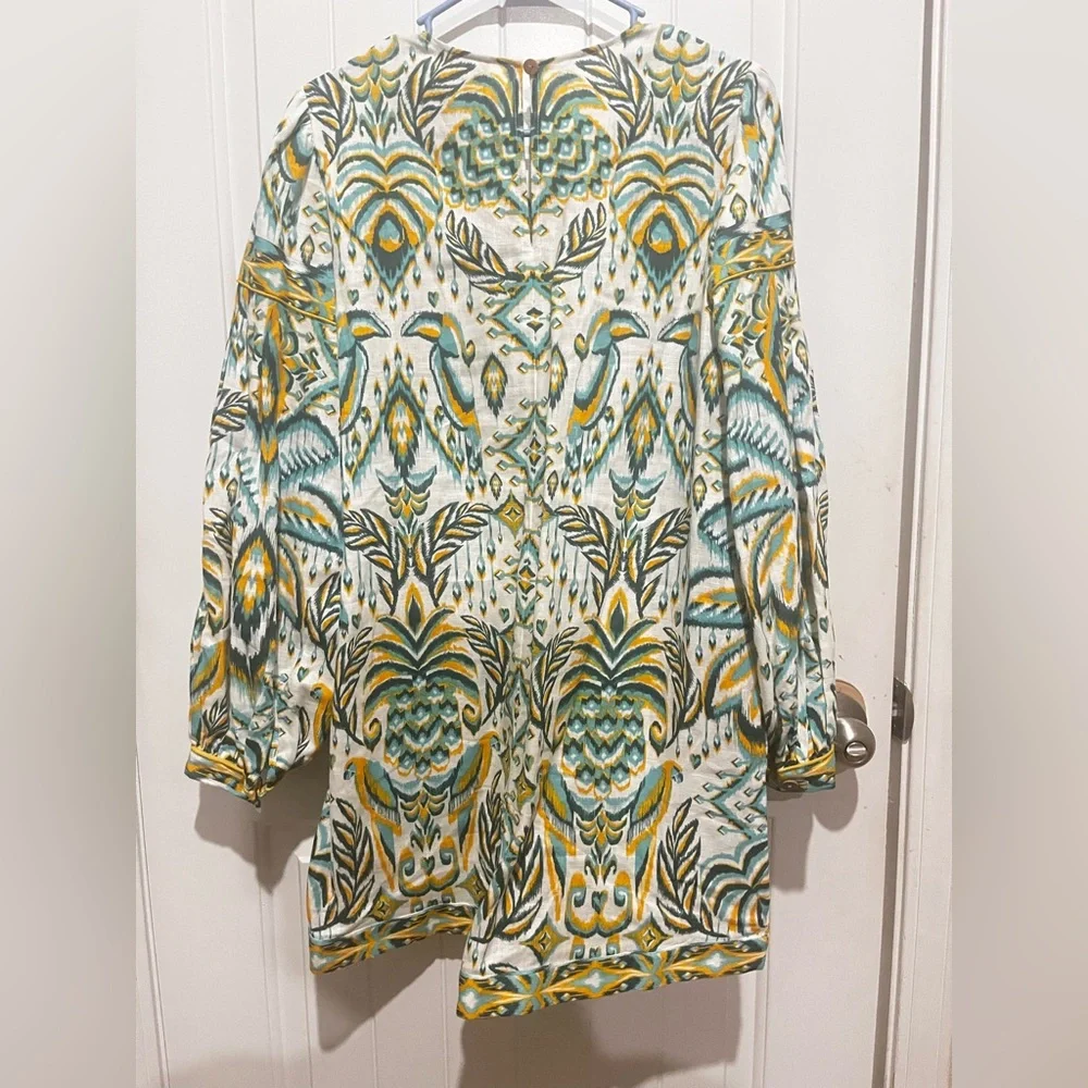Farm Rio Green/Turquoise Boho Resort Romper Long Sleeve Tassel Tie NWT M - Picture 4 of 9